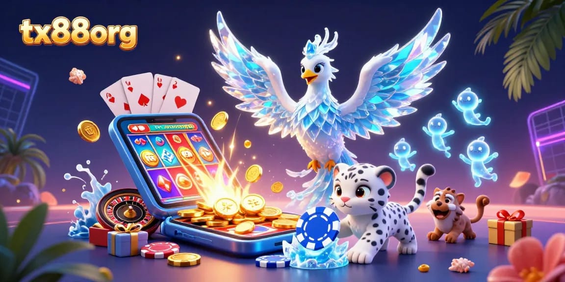 Experience the vibrant gaming world with tx88org's dynamic illustration featuring a phoenix, playful snow leopard, and exciting casino elements.
