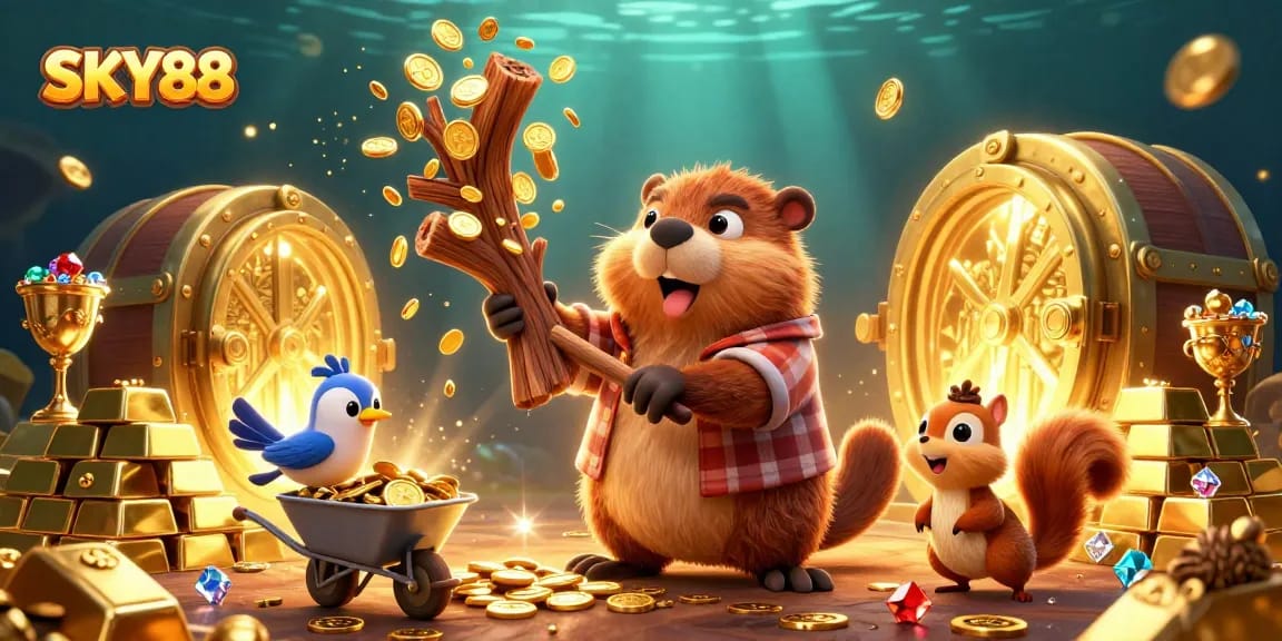 Experience thrilling gameplay at SKY88 with vibrant characters and endless excitement in this casino illustration.