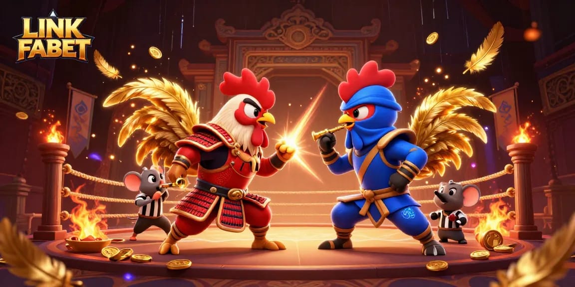 Engage with LINK FABET through an epic rooster match in a stunning casino scene.