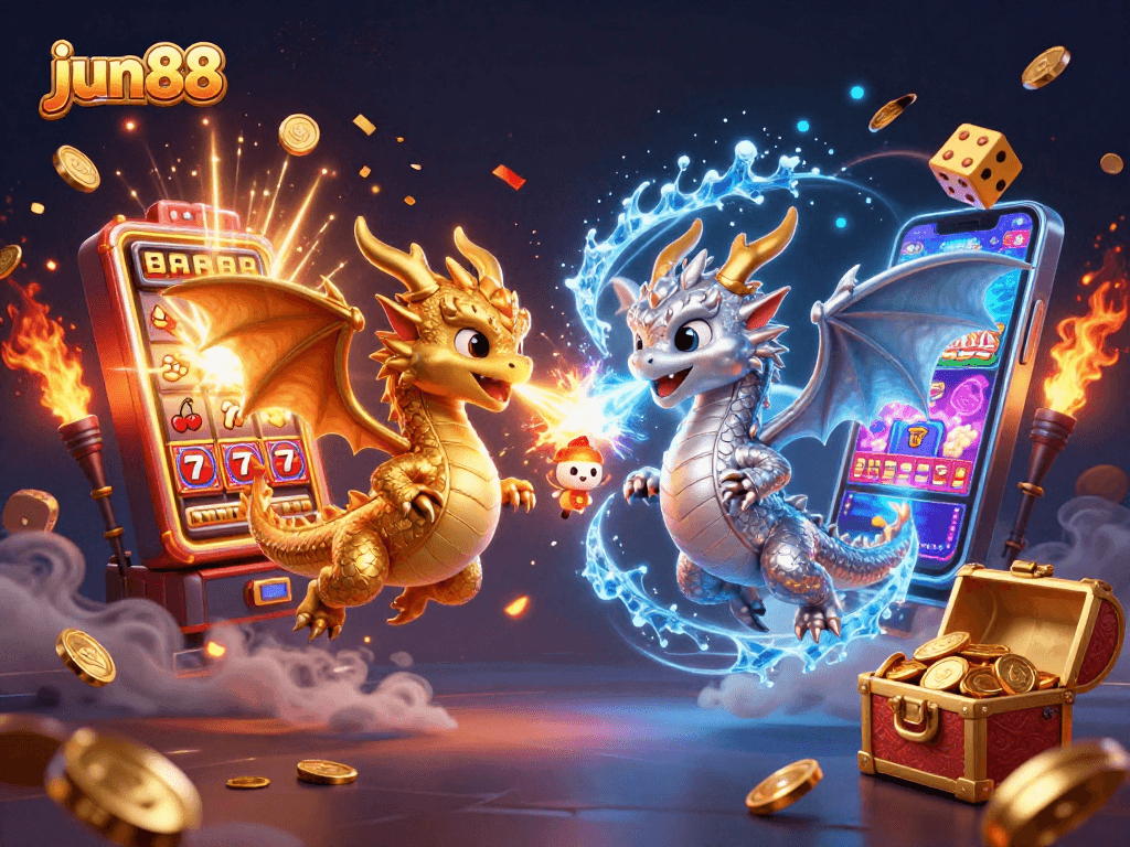 Engage with jun88's dynamic casino experience featuring legendary dragons battling amid a jackpot explosion.