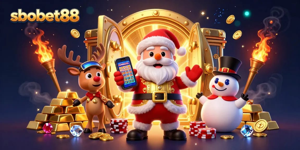 Experience sbobet88's exciting jackpot slots with Santa and friends in a vibrant casino scene.
