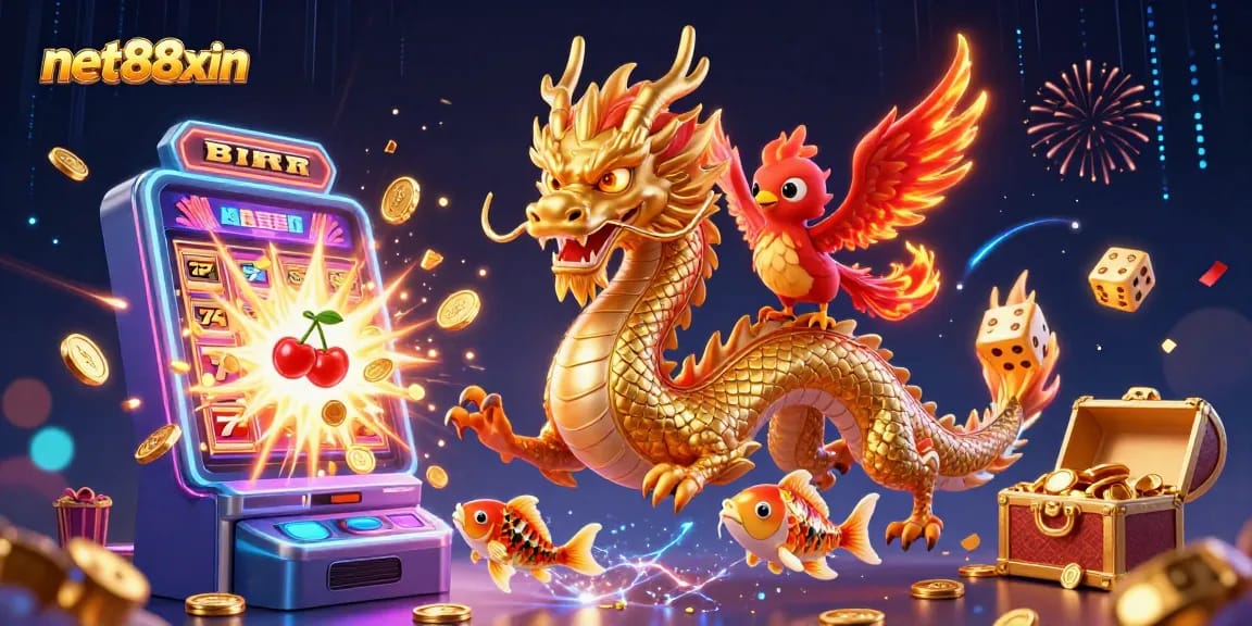 Engage in thrilling gameplay at net88xin, featuring a spectacular 3D dragon and vibrant casino elements.