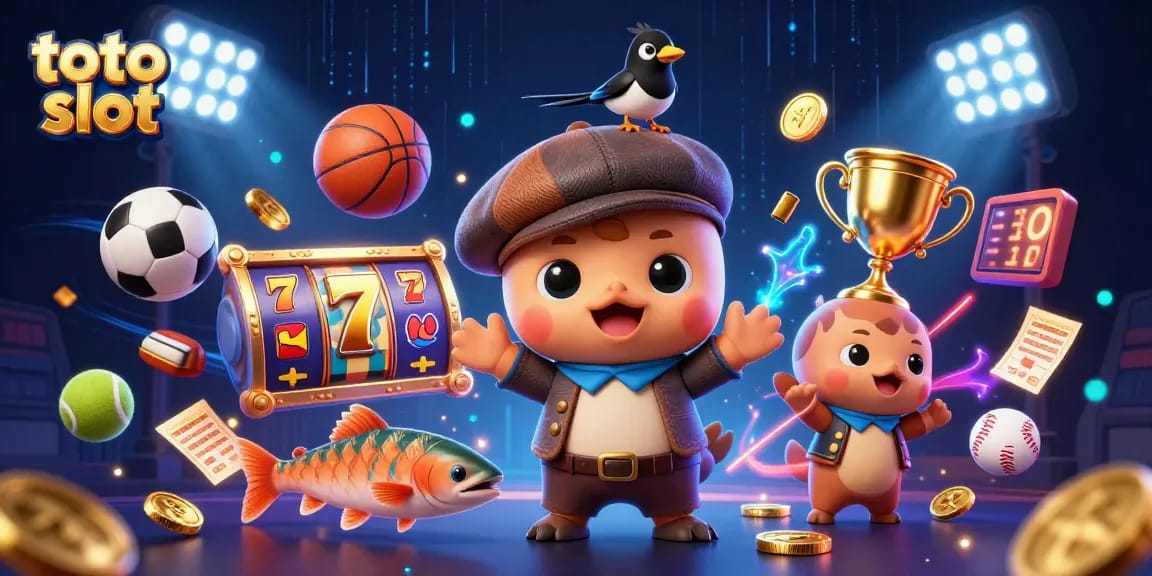 Join the fun with toto slot featuring a playful cartoon Nessie, magpie, and salmon, amidst vibrant casino elements.