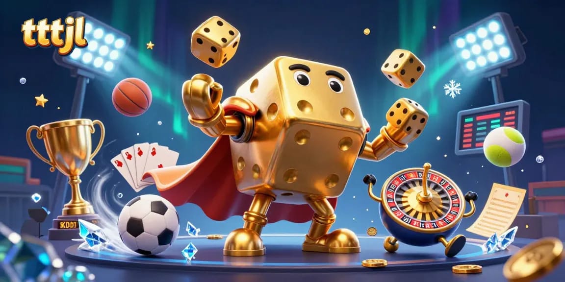 Engage with tttjl strategies through a vibrant 3D casino illustration of golden dice and sports balls.