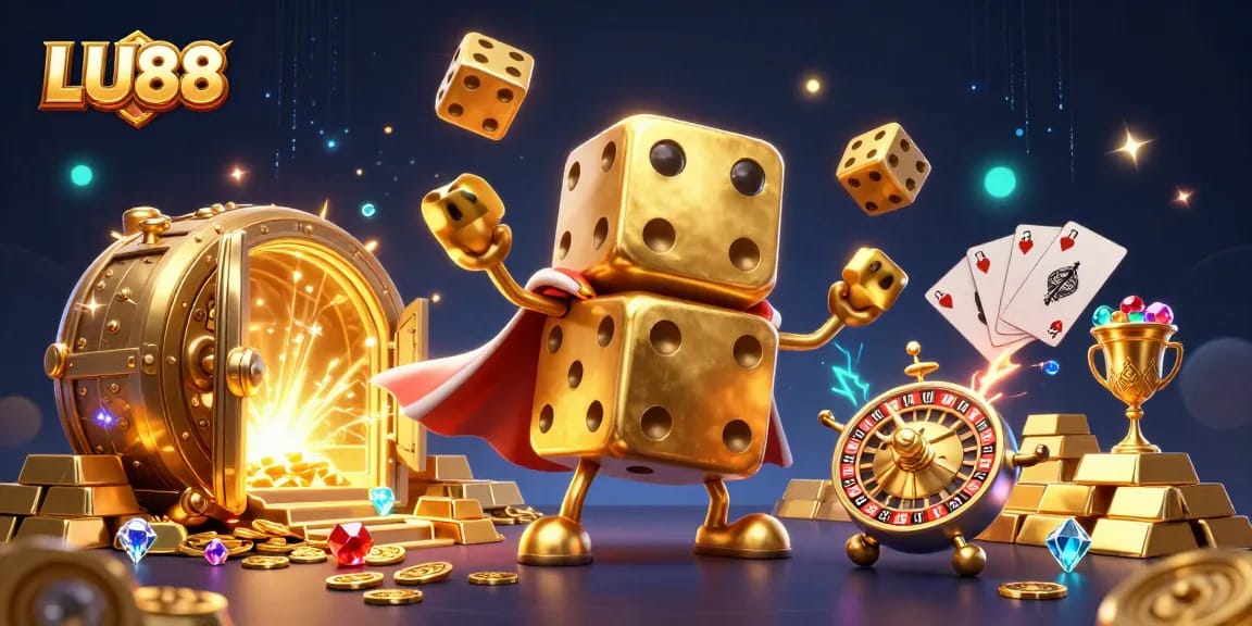 Experience the thrill of gaming at LU88 with vibrant golden elements and dynamic dice characters.