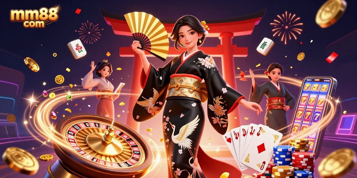 Engage with mm88 com gambling excitement, featuring a vibrant scene of casino elements and an elegant woman.