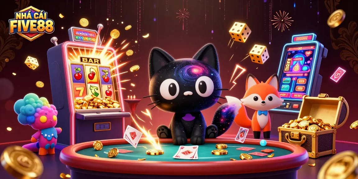 Engage with NHÀ CÁI FIVE88 in an exciting cosmic casino scene filled with vibrant gaming elements.