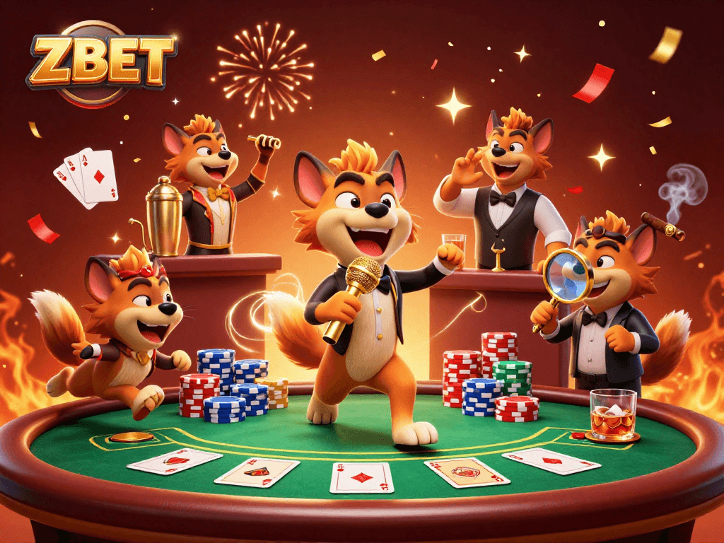 ZBET gaming hyenas in a vibrant 3D casino scene, bringing laughter and action.