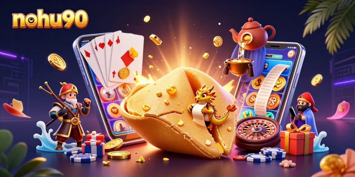 Experience the excitement of nohu90 with a cartoon illustration showcasing dynamic casino elements.