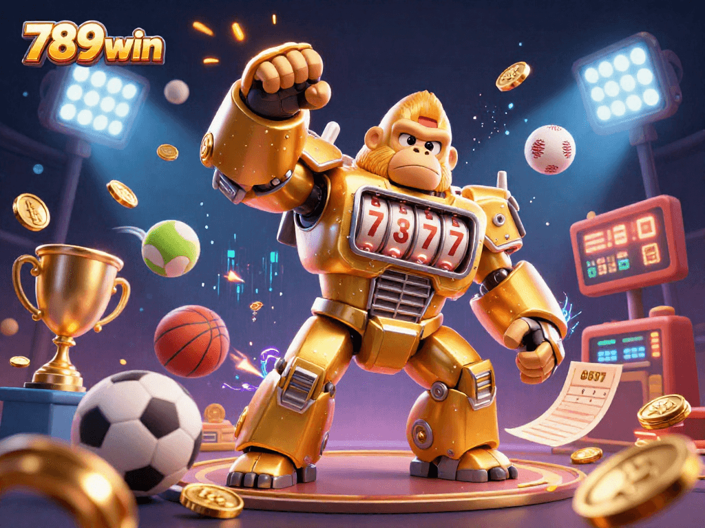 Win big at 789win with a vibrant 3D illustration of a golden gorilla mech amidst sports betting excitement.