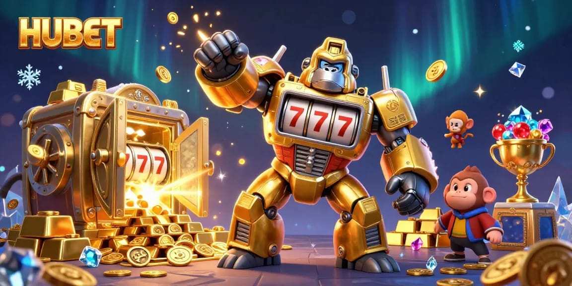 Experience thrilling wins at HUBET, featuring a dynamic scene with a golden gorilla mech and vibrant casino elements.