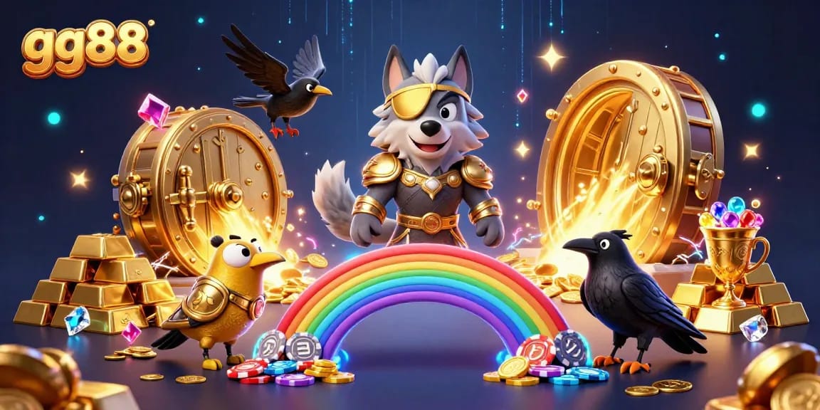 Experience gg88's thrilling gaming with 3D Norse-inspired characters and vibrant treasure elements.