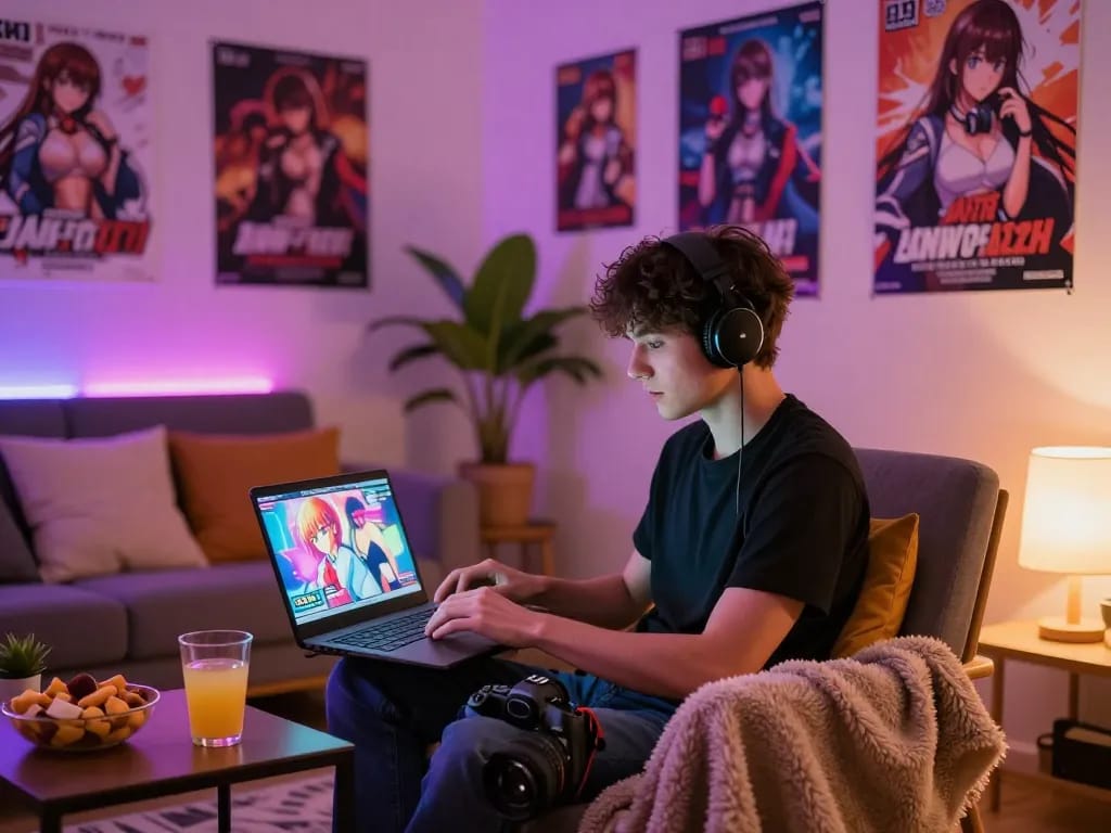 Young adult man enjoying a porno game in a cozy living room with vibrant lighting.