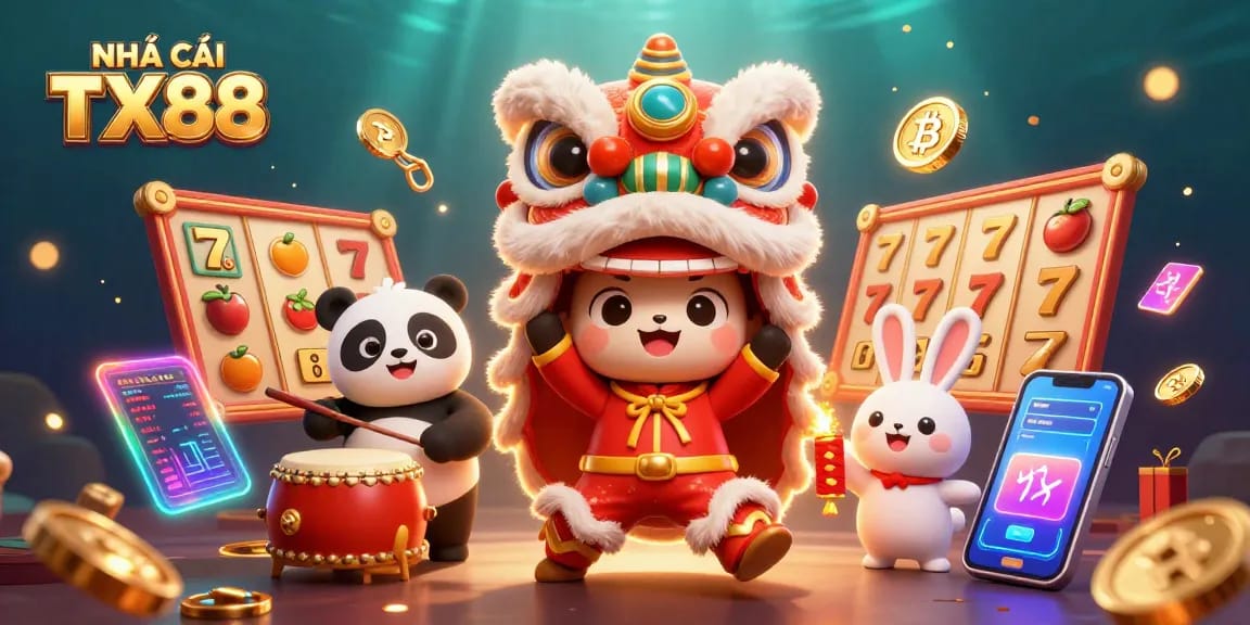 Play and win at NHÀ CÁI TX88 with vibrant casino-themed 3D illustration of a festive lion dance.