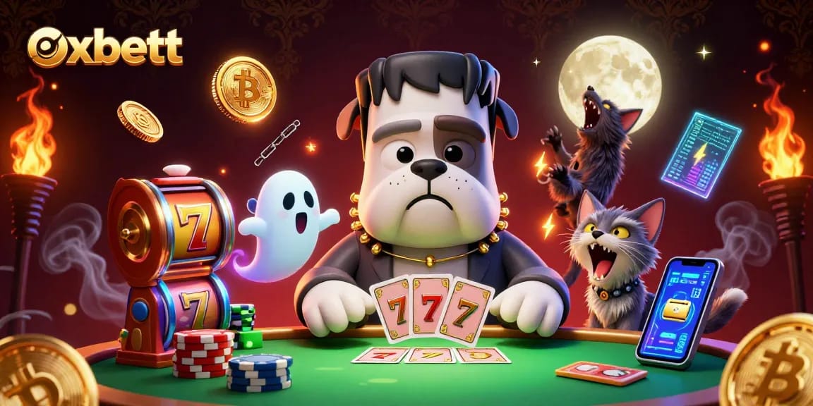 Experience thrilling slots at oxbett with a 3D Frankenstein bulldog dealer amidst vibrant crypto elements.