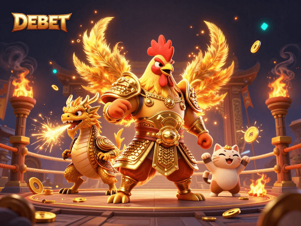 Join the DEBET adventure with lively characters in a vibrant casino atmosphere