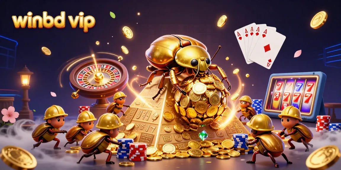 Winbd VIP offers a thrilling casino experience with golden coins, games, and stunning illustrations.