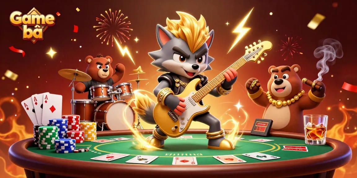 Engage with Game bài action as wolf rocks with guitar and bear drums, thrilling casino scene.