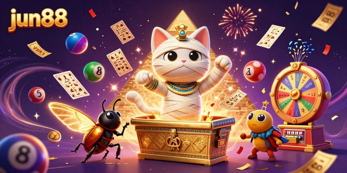 Win big at jun88 with a vibrant Egyptian themed casino illustration featuring dynamic gaming elements.
