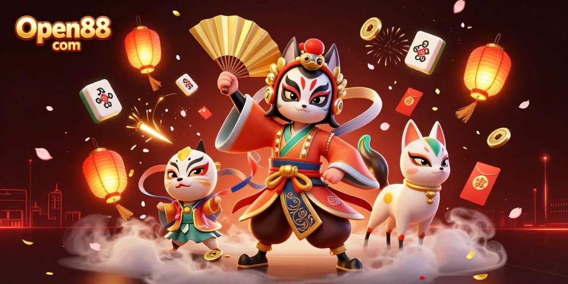 Enjoy thrilling gameplay at Open88 com with vibrant 3D scenes featuring a kabuki warrior and festive elements.