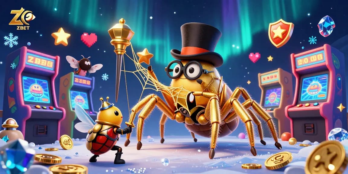 ZBET casino scene featuring a giant golden tarantula and beetle knight among arcade games