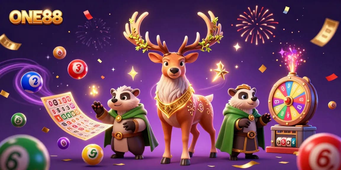Experience ONE88 with exciting lottery dynamics surrounded by animated casino elements and magical ambiance.