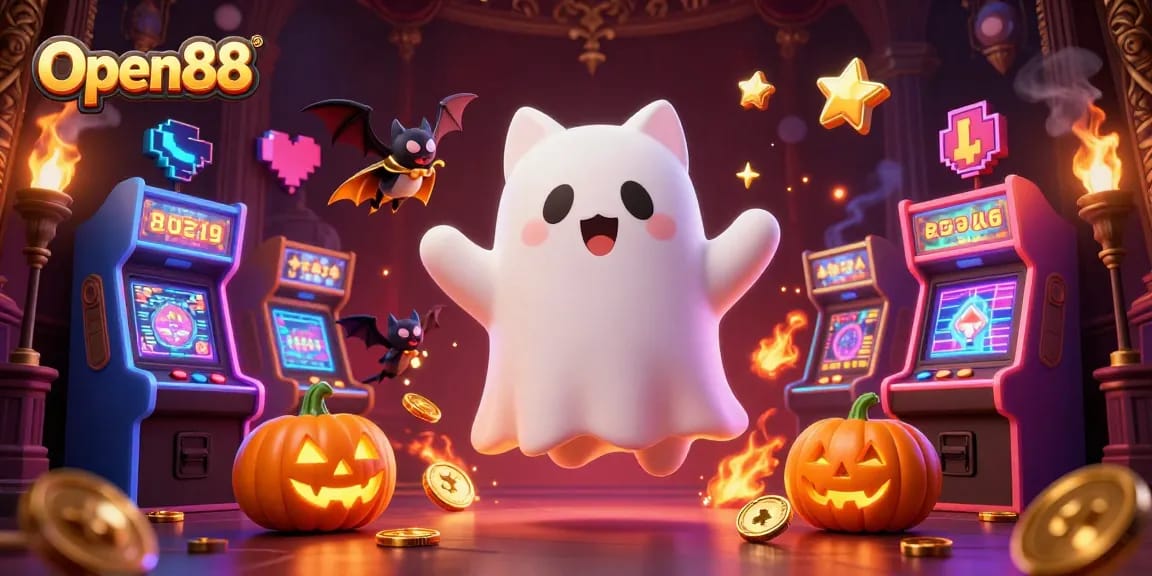 Engage with Open88's vibrant gaming scene featuring a ghost cat, bat, and glowing elements.