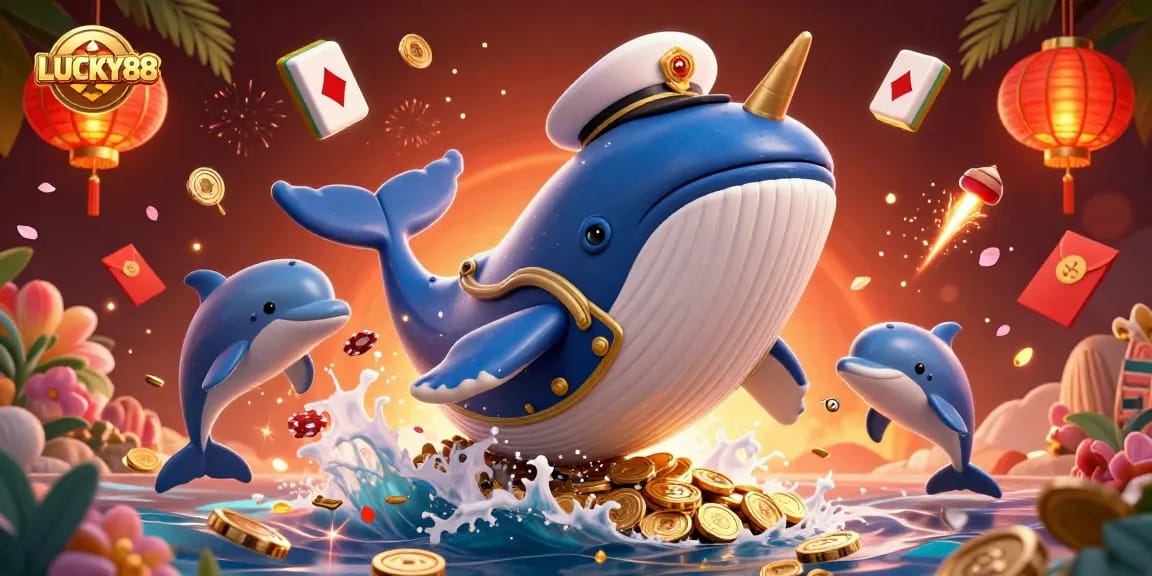 Join the excitement at LUCKY88, where a whale breaches in a sea of coins, symbolizing big wins!