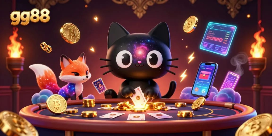Experience the excitement of gg88 as the cosmic casino cat pulls in golden chips and cards in a vibrant 3D scene.