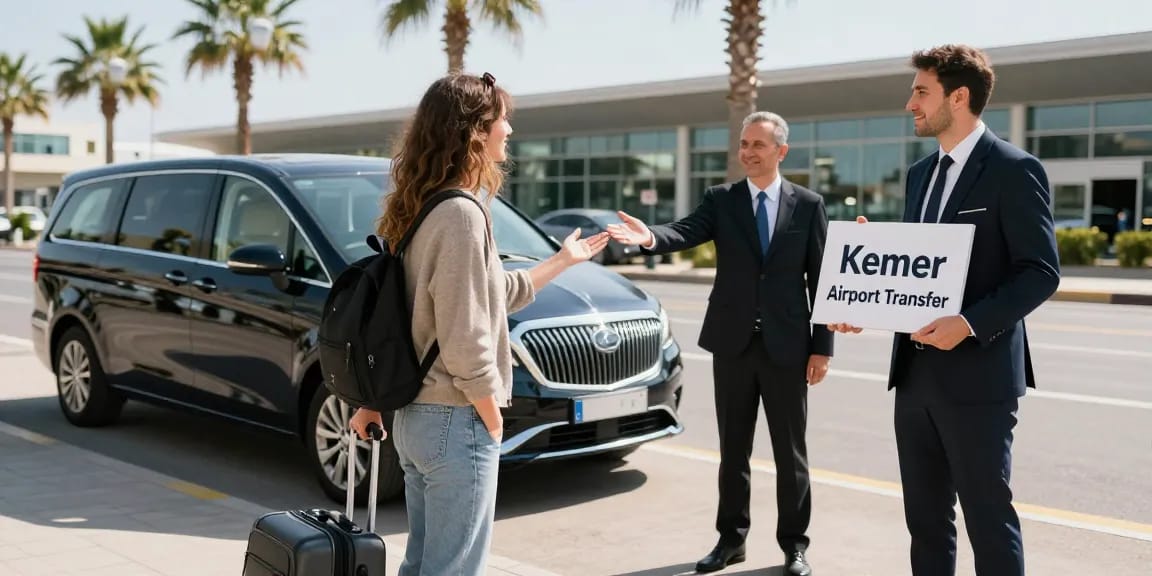 Kemer Airport Transfer with a professional chauffeur welcoming a traveler at Antalya Airport.