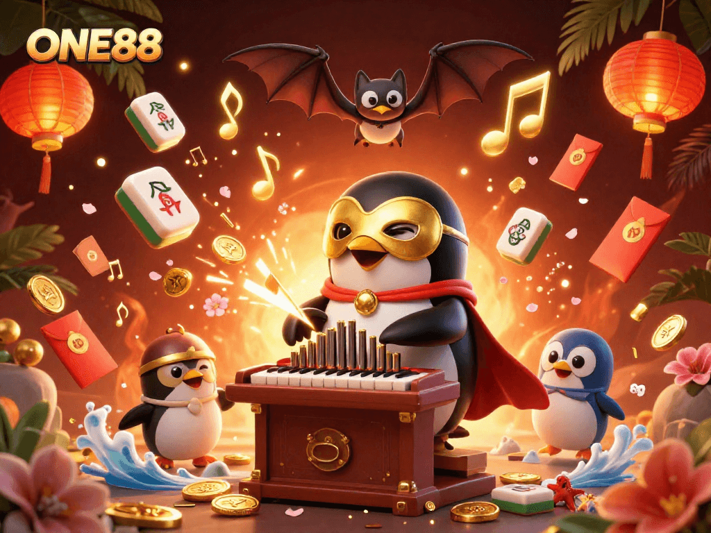 Engage with ONE88's thrilling gaming atmosphere through a vibrant 3D illustration of casino elements.