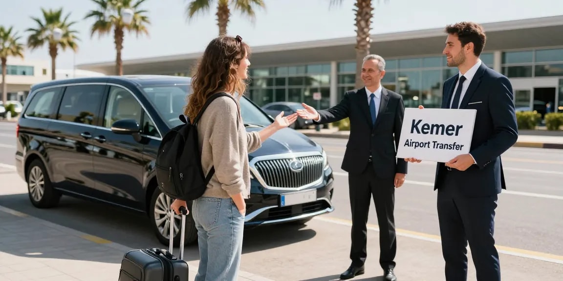 Kemer Airport Transfer with a professional chauffeur welcoming a traveler at Antalya Airport.
