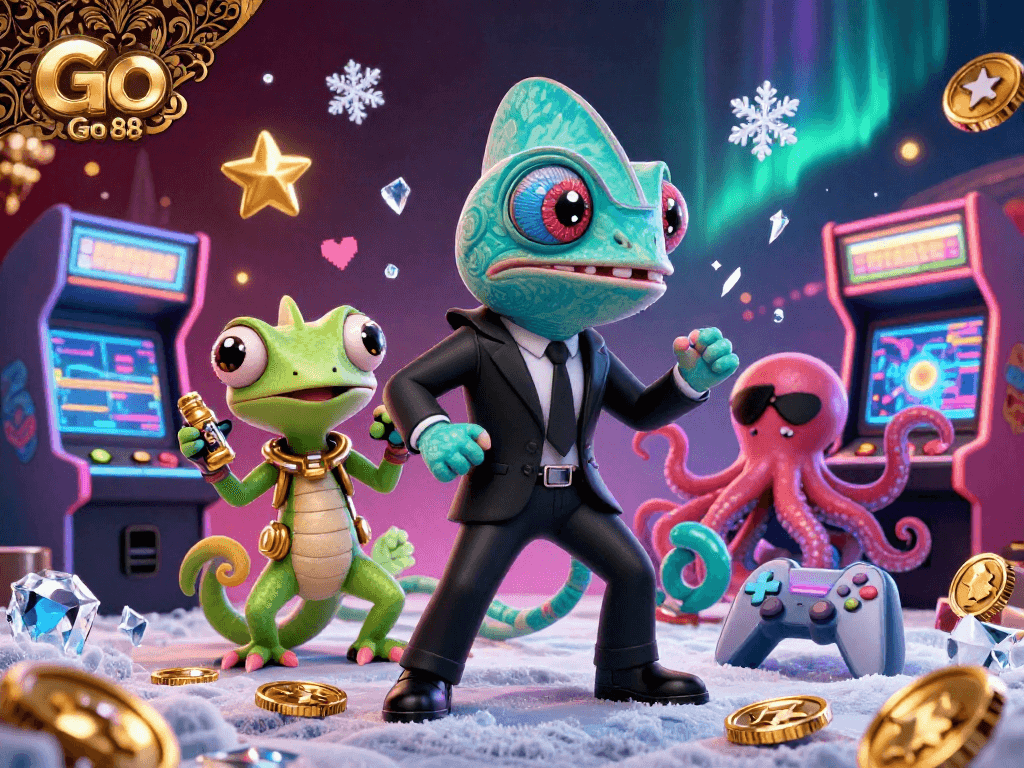 Engage with Go 88 casino adventures in this vibrant, action-packed 3D illustration.