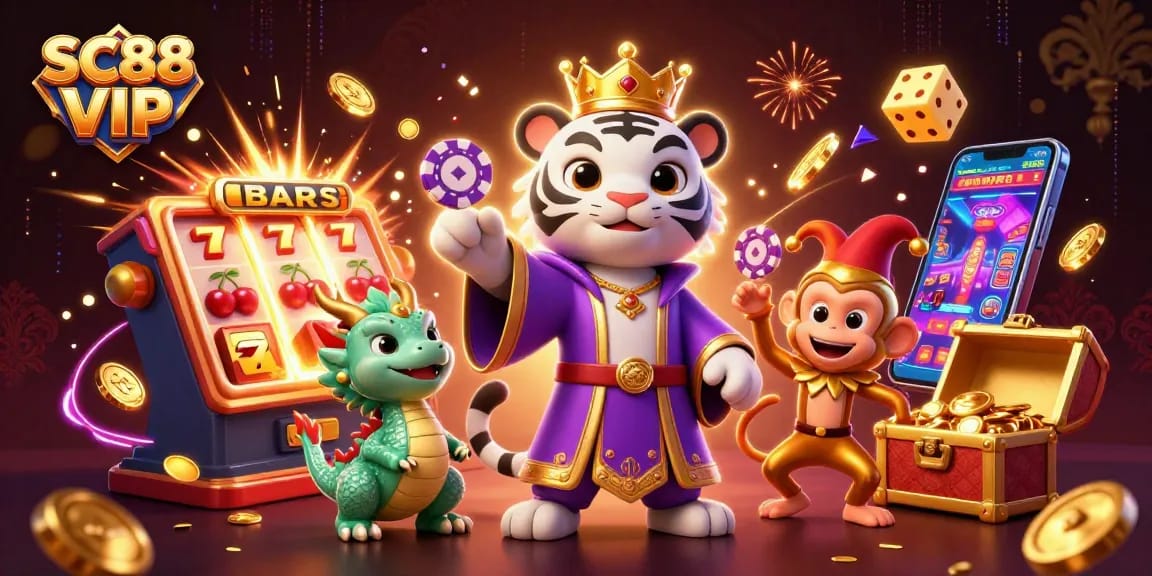 Experience exciting gaming with SC88 VIP in a vibrant 3D casino scene filled with jackpots and playful characters.