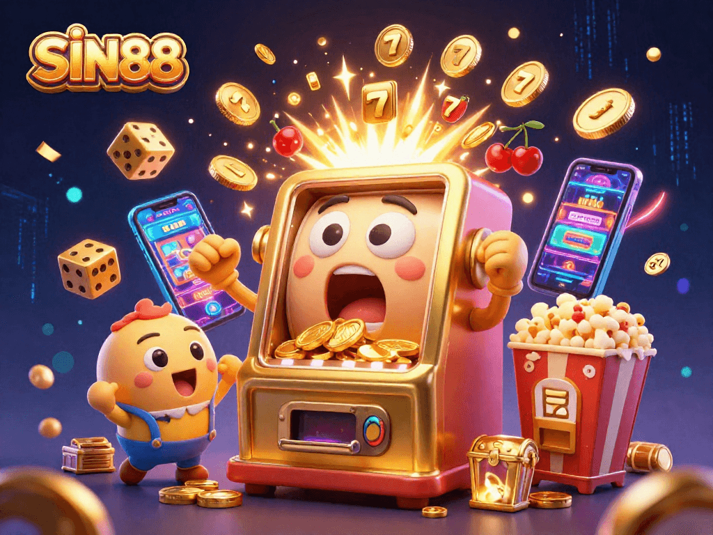 SIN88 golden slot machine hitting a jackpot with coins pouring out, surrounded by cheering machines and casino visuals.