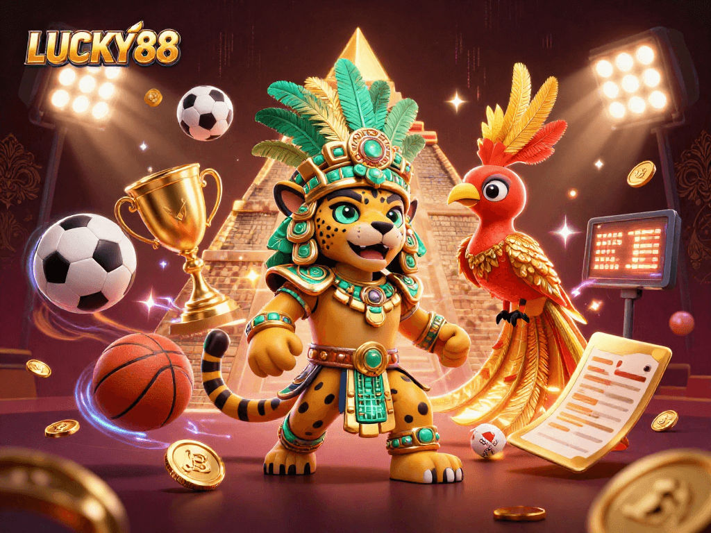LUCKY88 engages bettors with its vibrant 3D casino illustration featuring dynamic game elements.