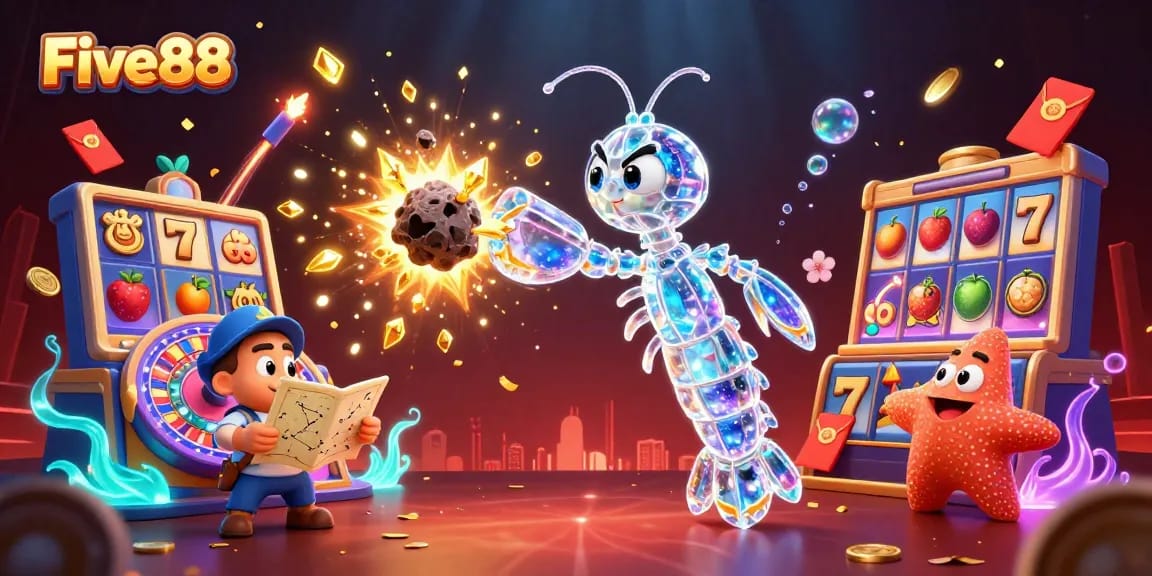Five88 presents an exciting scene of a galactic samurai mantis shrimp engaging in casino activities with vibrant slots and roulette.