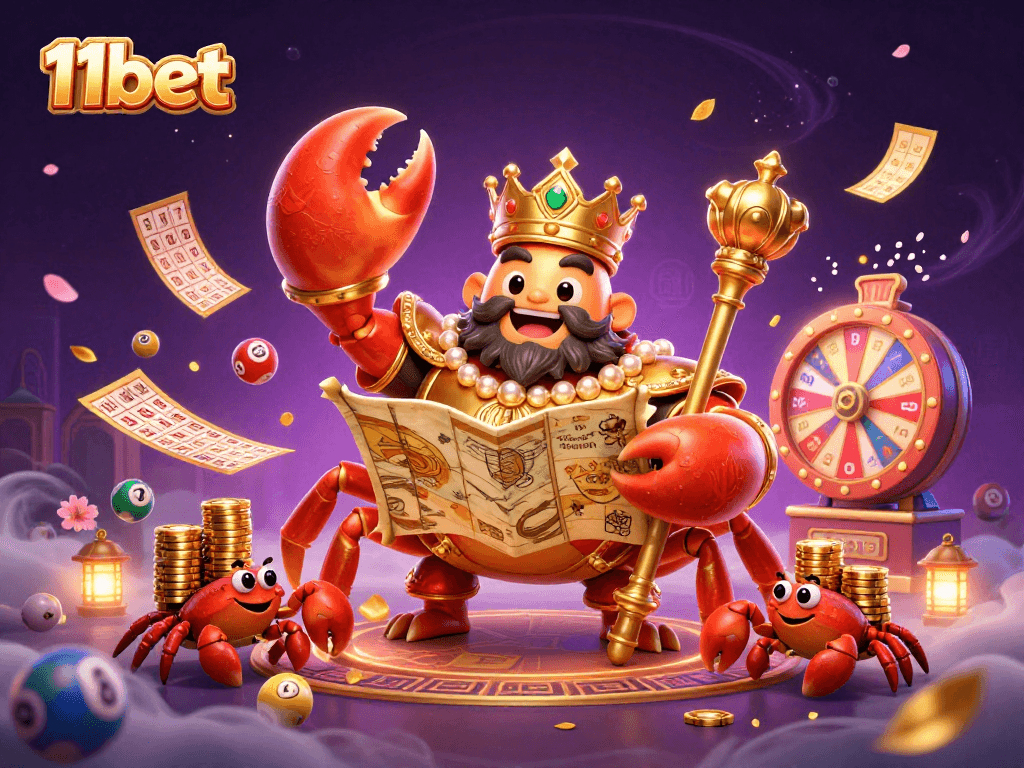 11bet offers an engaging experience, showcasing a golden crab emperor surrounded by vibrant gaming elements.