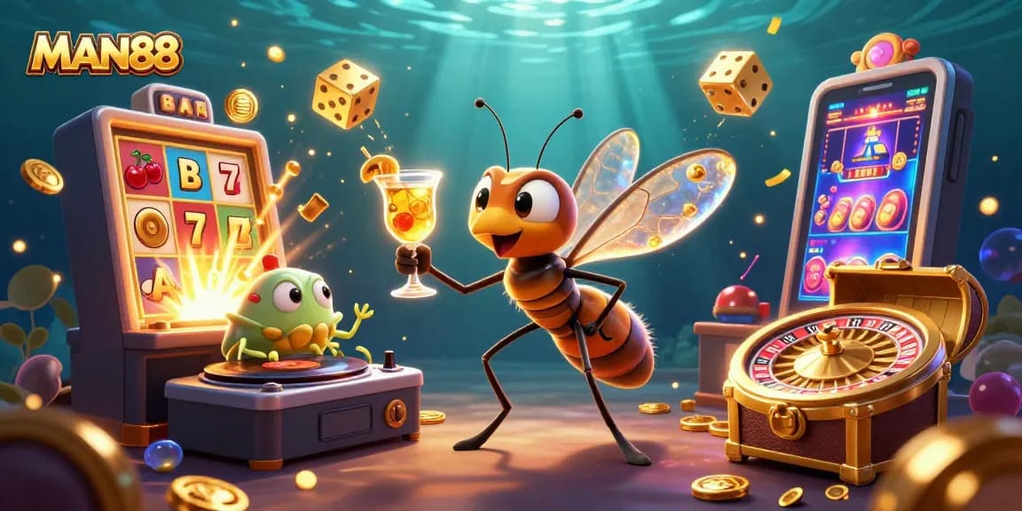 Experience excitement at MAN88 with a lively casino scene featuring animated characters and dynamic gaming elements.