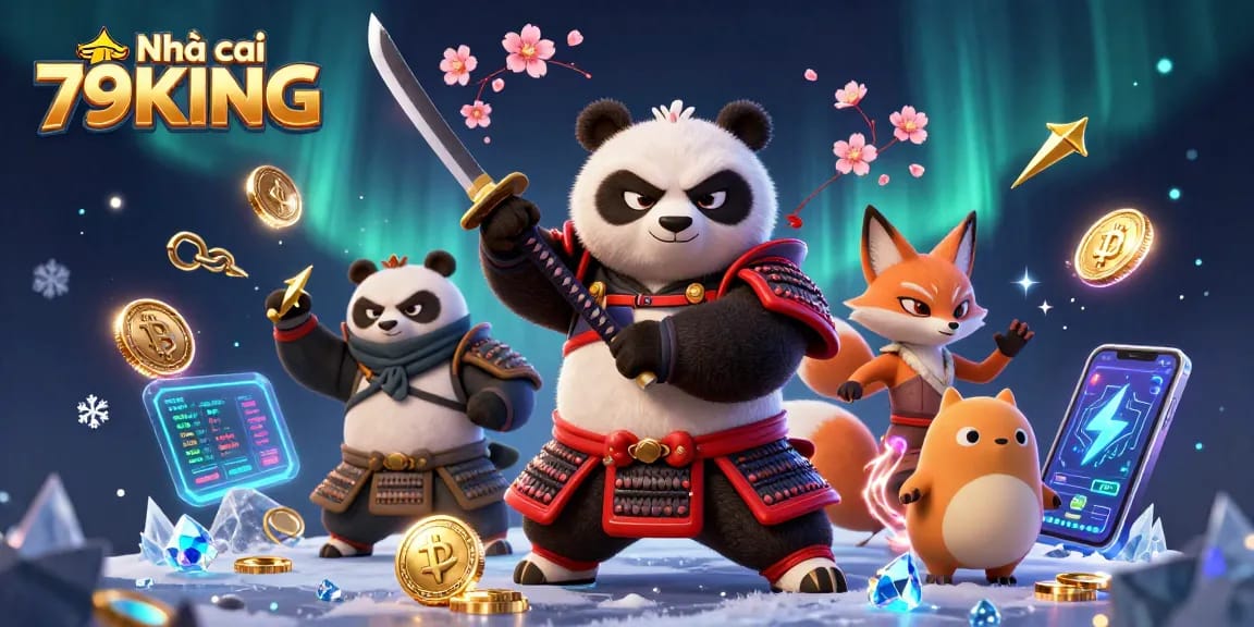 Engage with Nhà cái 79KING's exciting gaming scene featuring a samurai panda and ninja fox.