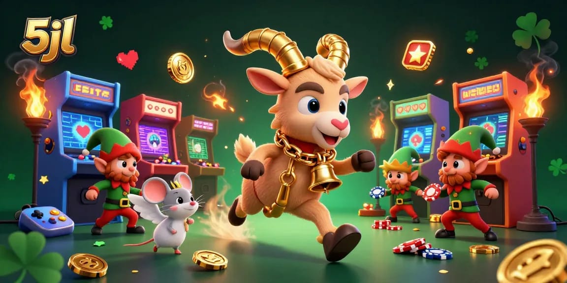 Engage with 5jl in a festive horror casino scene filled with colorful gaming elements and mischievous characters.