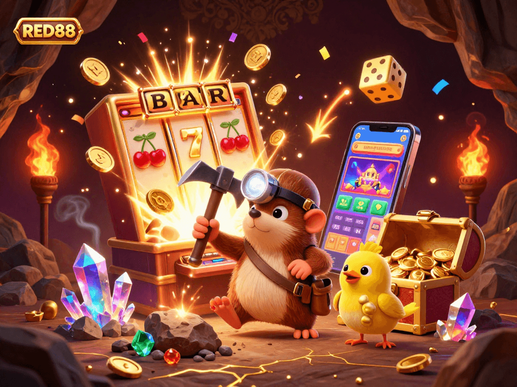 Engage with the vibrant slots and jackpots at RED88, featuring colorful gaming elements and exciting treasures.