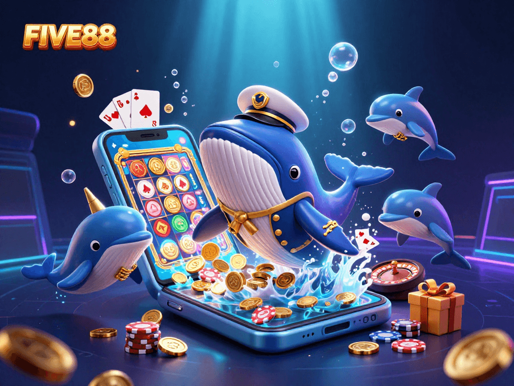 Experience thrilling adventures at FIVE88 with a vibrant 3D casino scene filled with playful aquatic characters and exciting gambling elements.