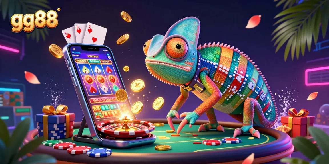 Experience the excitement of gg88's dynamic gaming landscape with a vibrant chameleon casino owner, golden coins, and lively game elements.