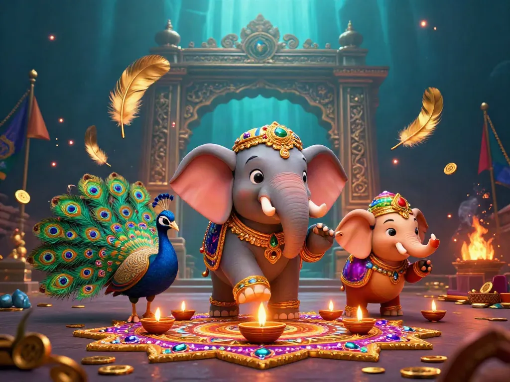Engage in thrilling fun with sunwin featuring an intricate 3D elephant and peacock in a festive gambling atmosphere.