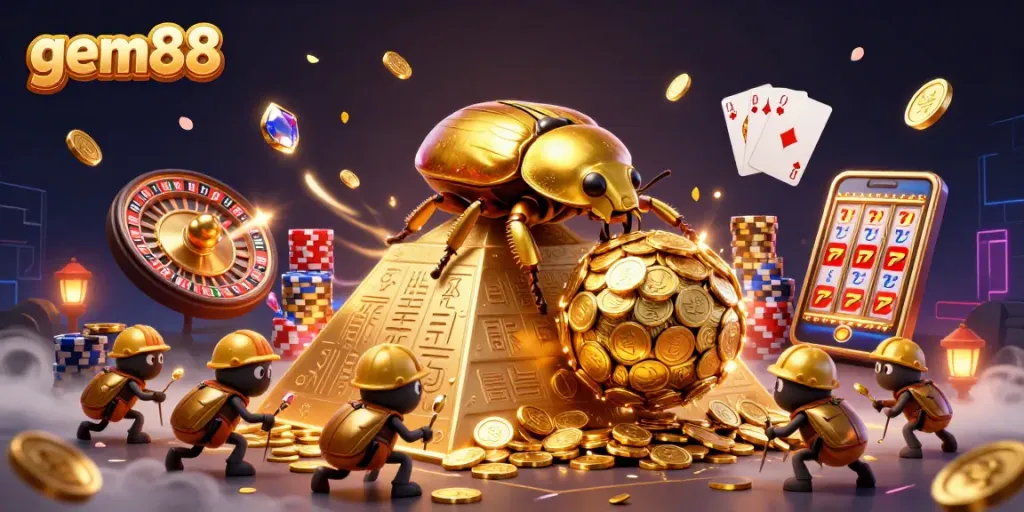 Experience gem88's vibrant casino world with golden coins, lively beetles, and thrilling game elements.