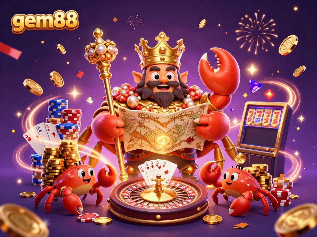 Experience the thrilling casino vibes with gem88, featuring a golden crab emperor amidst dynamic gaming elements.