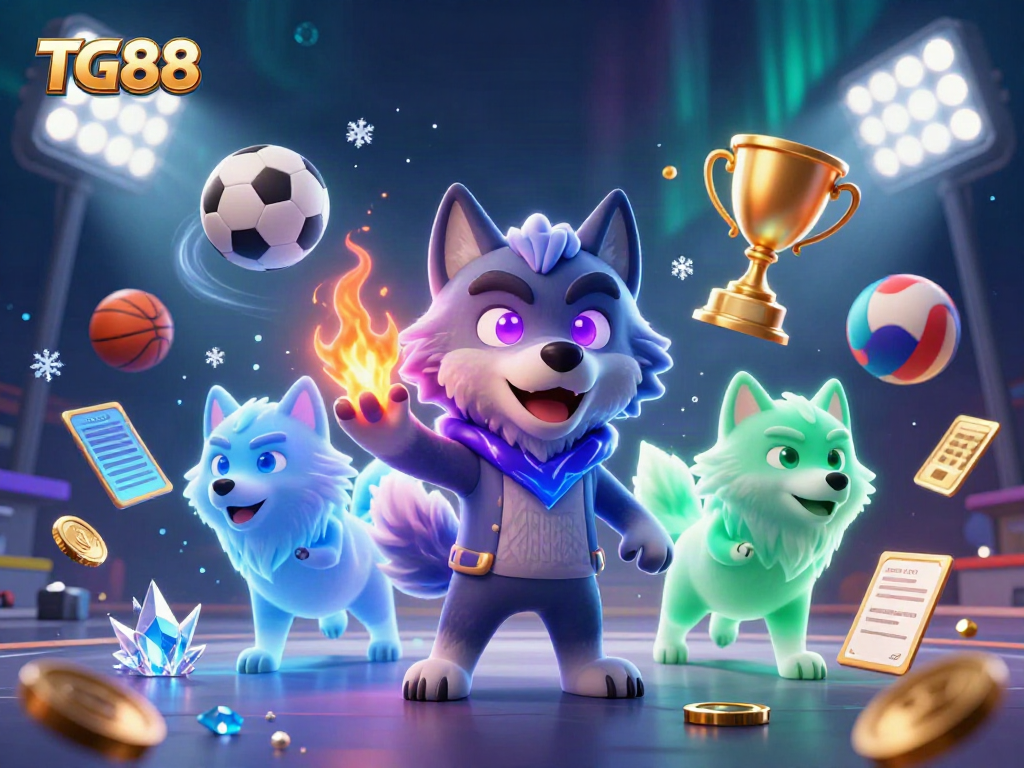 Engage with TG88's dynamic gaming elements featuring a spectral wolf pack amidst vibrant sports action.