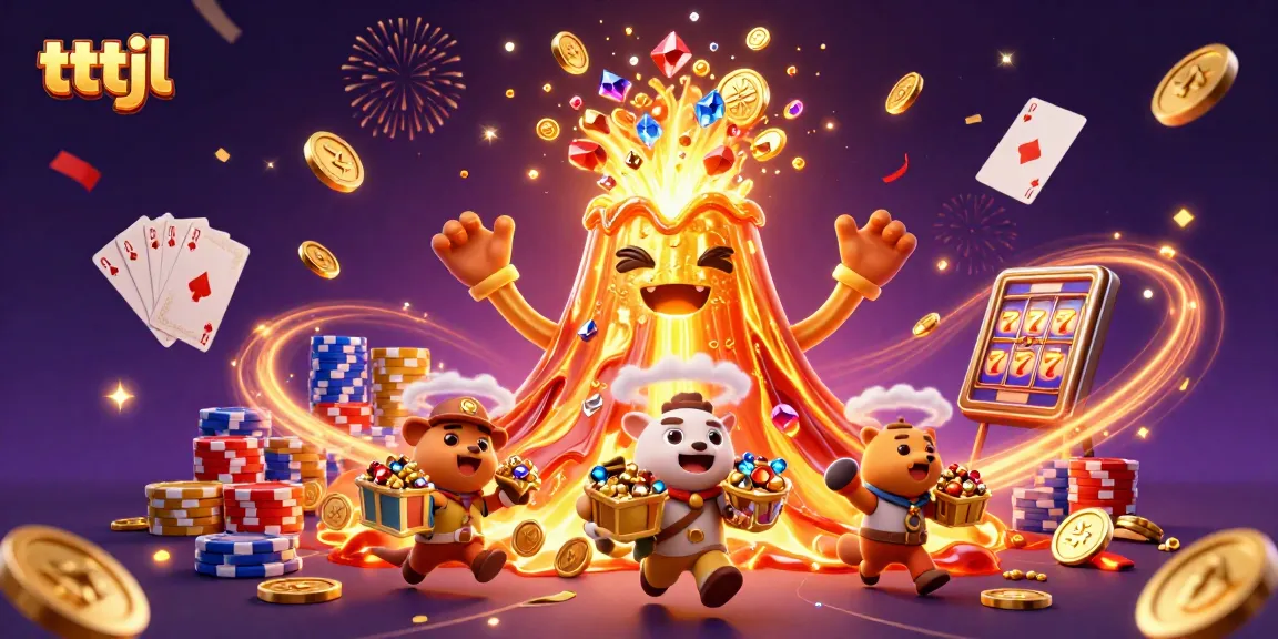 Spin the reels with tttjl as a golden volcano erupts coins, gems, and playing cards amidst a festive casino scene.