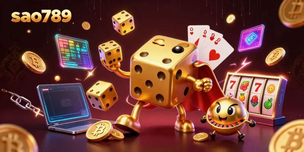 Experience the excitement of sao789 with a dynamic casino scene featuring golden dice, crypto coins, and vibrant game elements.